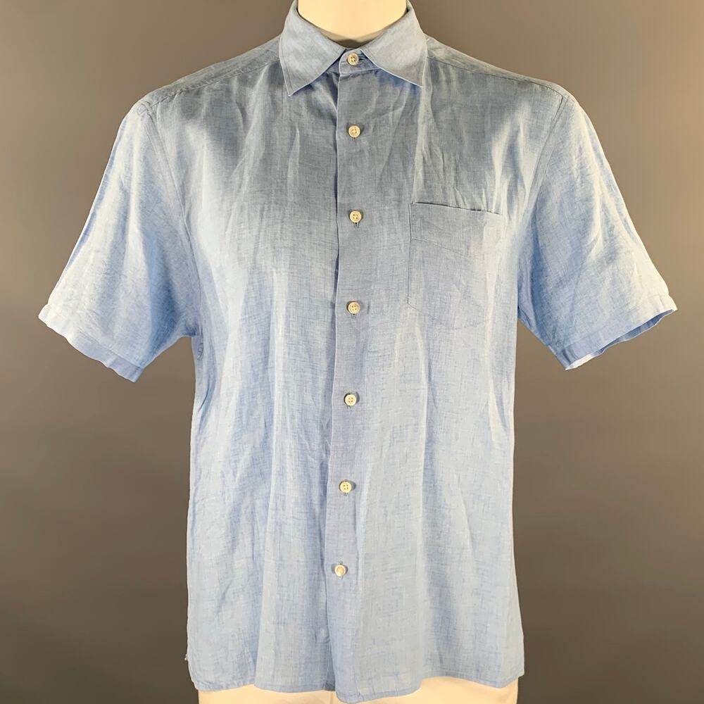 LORENZINI Size XL Blue Heather Linen Short Sleeve Shirt